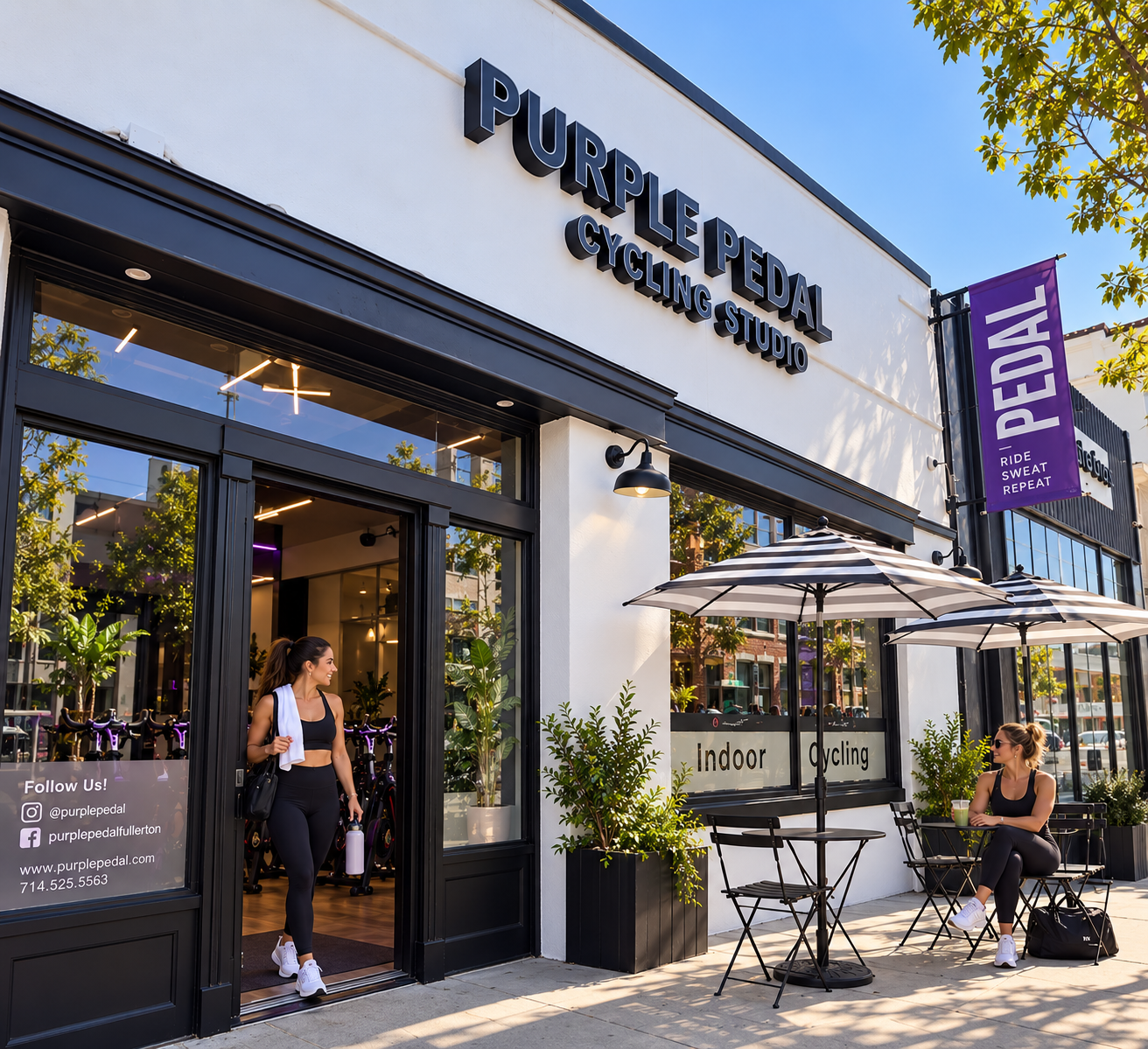 The Purple Pedal Cycling Studio storefront on Wilshire Avenue in Fullerton