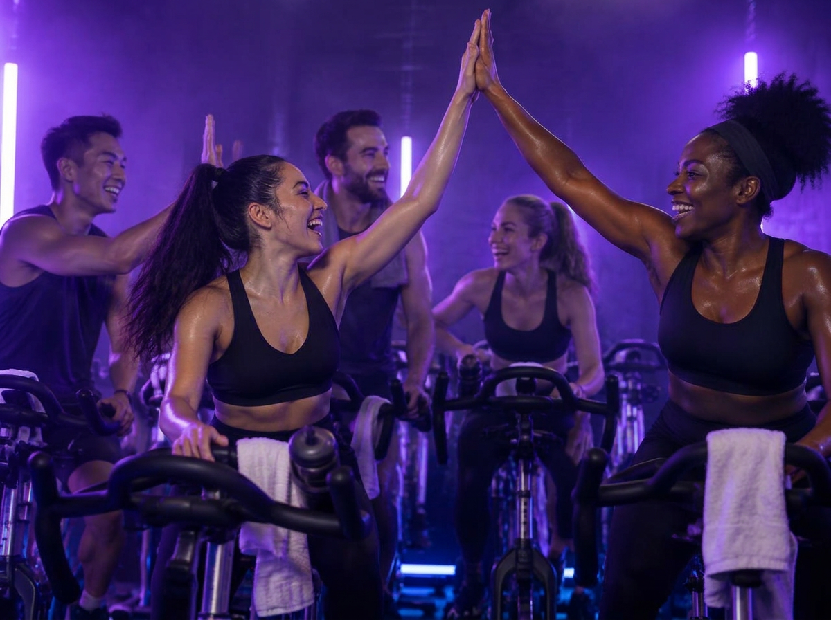 Purple Pedal riders celebrating together after class